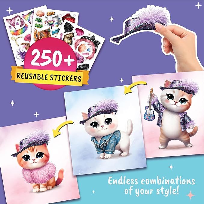 Sticker Dress Up Superstar Kitten - Kids Activity Book Learn Fashion Design for Kitten with Guides and 270+ Reusable Stickers. Gift for Girls Ages 5,6,7,8