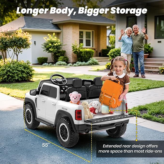 Licensed RAM 1500 RHO 24V Ride on Toys for Boys & Girls, 2 Seater Kids Electric Car, Kids Ride on Car w/Remote Control, LED Lights, Bluetooth Music, Truck Bed Storage(White)