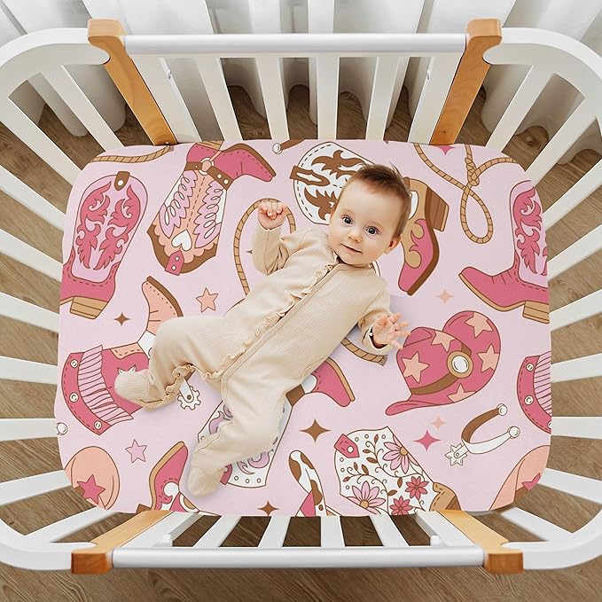 Western Cowgirl Boots Crib Sheets Soft Breathable Fitted Baby Crib Sheets Mattress Cover for Girls Boys, 52" x 28" x 9"