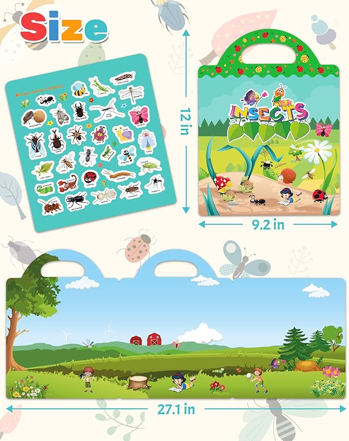 Benresive Reusable Sticker Books for Toddlers, Fun Travel Stickers for Kids, Toddler Sticker Book, Crafts Activities for Toddlers, 3 and Up Birthady Gifts - Insect