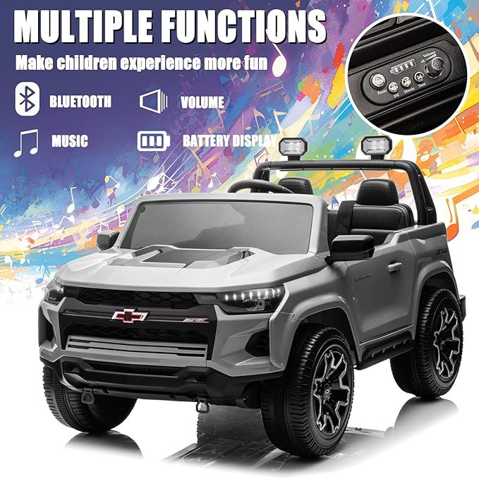 POSTACK 24V Official License Chevrolet Kids Ride On Car Side by Side 2-Seater Truck Battery Powered 4 Wheel with Remote Control Electric Car UTV Truck Car Children Toy Gifts for Boys and Girls Gray