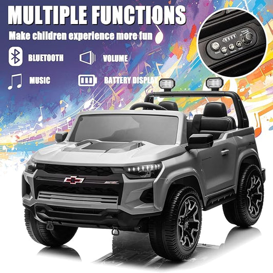 POSTACK 24V Official License Chevrolet Kids Ride On Car Side by Side 2-Seater Truck Battery Powered 4 Wheel with Remote Control Electric Car UTV Truck Car Children Toy Gifts for Boys and Girls Gray