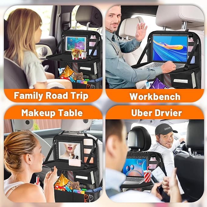 DUWAI Backseat Car Organizer with Table Tray,12 Pockets Storage Organizer with Tablet Holder,Car Seat Organizer with Car Tissue Holder,Kick Mats Protector For Kids,Travel Accessories(2-Pack)