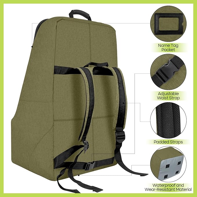 ZRRAJOY Padded Car Seat Travel Bag for Airplane, Heavy Duty Backpack for Air Travel, Water-Resistant Carrier with Shoulder Strap, Fits Most Car Seats (Green)
