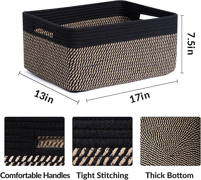 MiniArk Large Storage Baskets for Shelves, Closet Organizers Bins for Clothes Blanket Towels, Baby Nursery, Toy Baskets Box, Woven Rope Baskets, 17 x 13 x 7.5”, 2 Packs Woven Brown