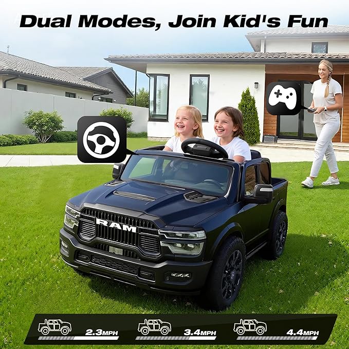 FUNTOK 24V 2 Seater Ride On Truck for Big Kids, Licensed RAM 2500 Kid's Electric Vehicles w/Remote Control, LED Light/Music/MP3/Bluetooth, Truck Bed Storage, Carry Wheels & Handle, Car for Kids 3-8