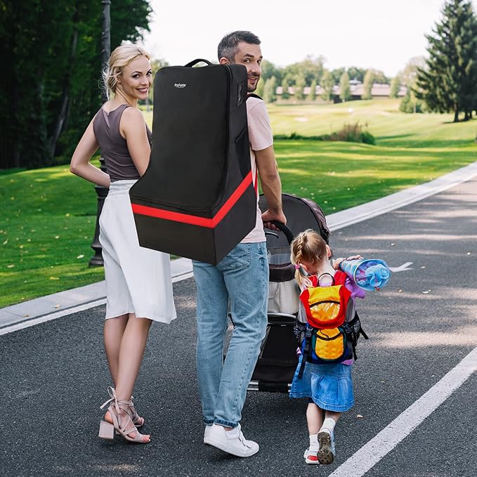 ProFaster Car Seat Travel Bag - Padded, Comfortable, Durable, Roomy Gate Check Carseat Cover Backpack Fits 3-in-1，Convertible, Booster & Infant Car Seats for Airplane, Airport, Red