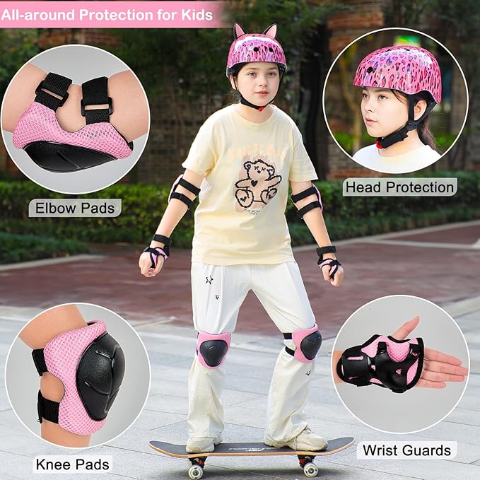 Kids Helmet, Bike Helmets for Kids 8-14 with Knee Pads and Elbow Pads Wrist Guards, Adjustable Youth Girls Bike Helmet with DIY Cat Ears Skateboard Helmet for Scooter Skating Cycling