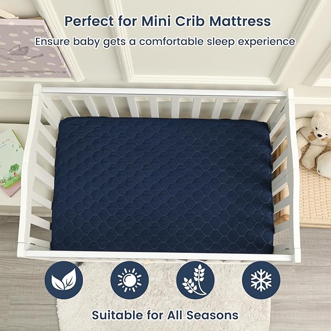 david's kids 2 Pack 38''x25'' Waterproof Mini Crib Mattress Protector, Fitted Pack N Play, Playard and Mini Crib Mattresses, Ultra Soft Breathable Pad Cover for Boys Girls Neutral, Grey & Navy Blue