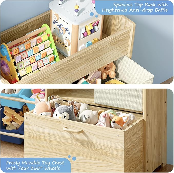 EXPERLAM Toy Storage Organizer for Kids, 9-Bin Toy Organizer with 2-Drawers,Movable Toy Chest and Top Rack, Kids Bookshelf and Toy Storage for Playroom, Bedroom, Nursery, Blue