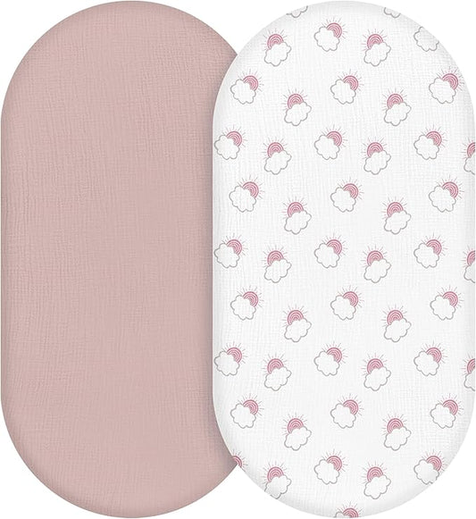 Muslin Bassinet Fitted Sheets, 2 Pack for Baby Boy and Girl, Soft Breathable Baby Pad/Mattress Sheet, Fit for Hourglass Oval and Rectangle Bassinet Mattress (Pink Cloud)