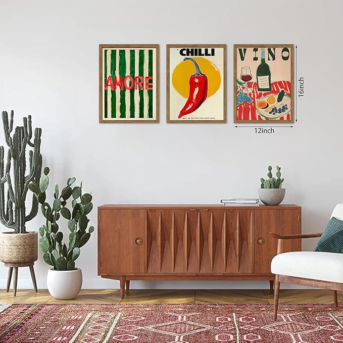 Framed Kitchen Wall Art Set of 3, Abstract Table Food Kitchen Wall Decor, Chilli Pictures Prints Artwork, Vintage Dining Room Canvas Painting, Modern Kitchen Home Decoration – 12x16 inch