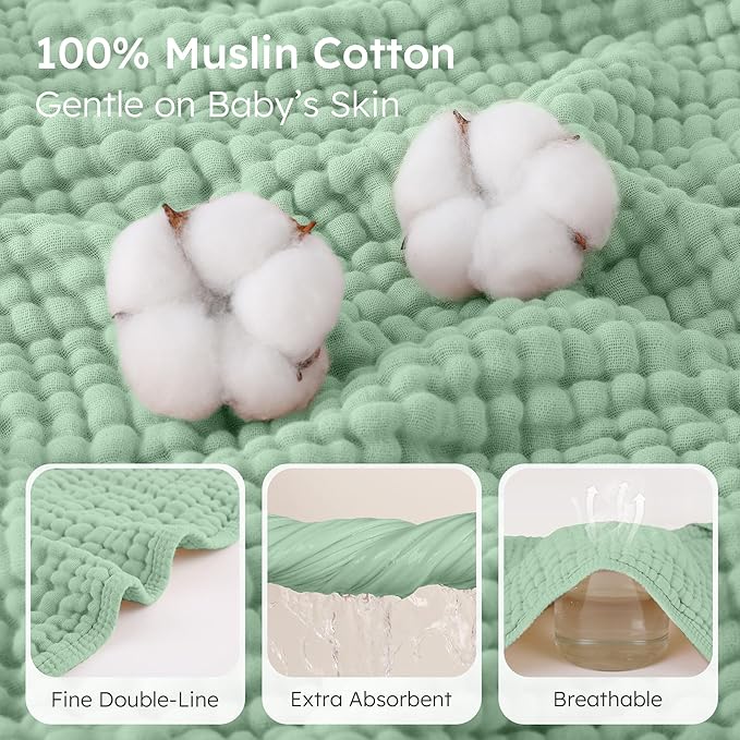 Looxii Baby Bath Towels 2 Pack Muslin Hooded Baby Towels for Newborn and Infants, 100% Cotton, Large 32x32Inch, Soft and Absorbent Blue+Green