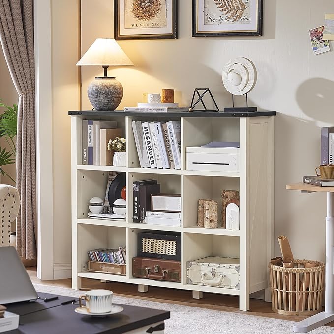 Joaxswe 9 Cube Bookcase, Farmhouse 47 Inch Wide White Bookshelf, Wooden 3 Tier Display Large Open Book Shelf, Vintage Horizontal Book Case for Home Office, Cubby Storage Cabinet for Living Room
