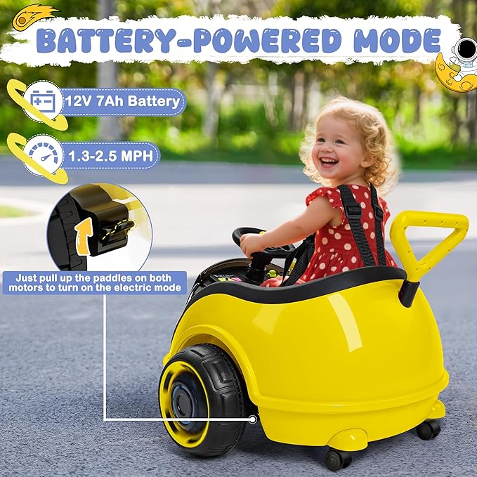 ANPABO 3-in-1 Electric Push Ride On Car, 12V Kids Ride On Toy w/Remote Control, 360° Spin, 5-Point Safety Belt, Colorful LED Light, Music Player, Push Car for Toddler Ages 1-3 (Yellow)