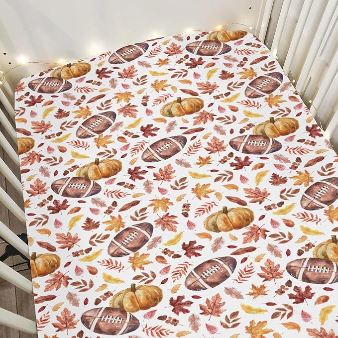 Autumn Football Pumpkin Leaves Baby Crib Sheets for Boy Girl 52"x28" Fall American Football Maple Soft Snug Fitted Crib Mattress Cover Thanksgiving Sports Baby Sheet for Crib & Toddler Bed Mattress