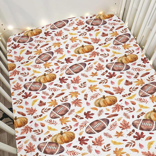Autumn Football Pumpkin Leaves Baby Crib Sheets for Boy Girl 52"x28" Fall American Football Maple Soft Snug Fitted Crib Mattress Cover Thanksgiving Sports Baby Sheet for Crib & Toddler Bed Mattress