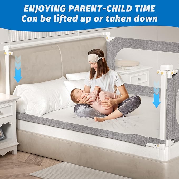3-Piece King Size Bed Rails for Toddlers, with Headboard Rod -Height Adjustable Baby' Safety Bed Rails Guard for King Size Bed(3Pack 78.7"x78.7"x74.8"-Gray)