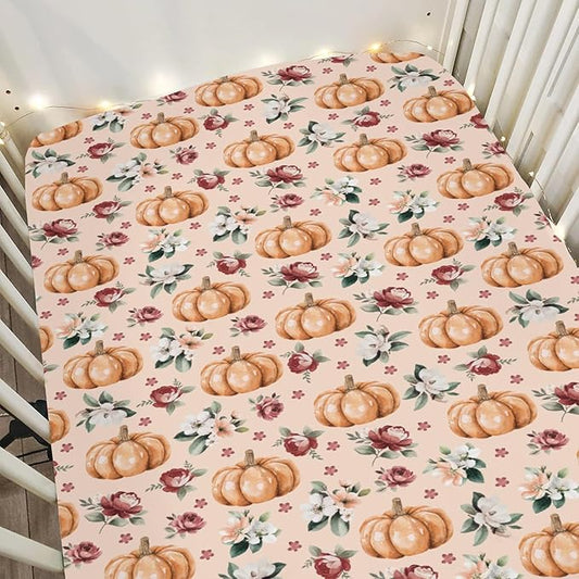 Vintage Floral Pumpkin Fall Baby Crib Sheets for Boy Girl 52x28 Pastel Pumpkins Flower Soft Snug Fitted Crib Mattress Cover Autumn Thanksgiving Harvest Baby Sheet for Standard Crib & Toddler Mattress