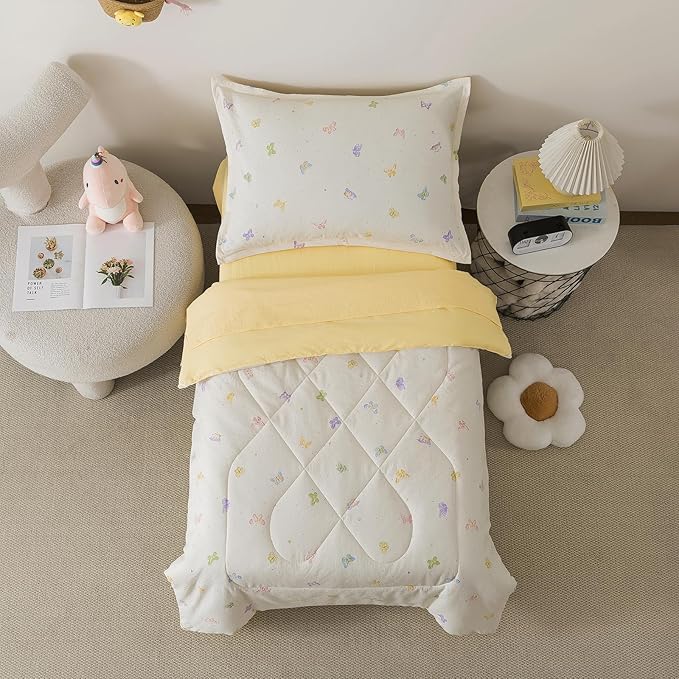 Caressma 5 Pieces Twin Comforter Set for Kids - Soft Prewashed Cotton Colourful Butterfly Print Bedding Set, Includes Comforter, Fitted Sheet, Flat Sheet, Pillow Case & Pillow Sham for All Seasons