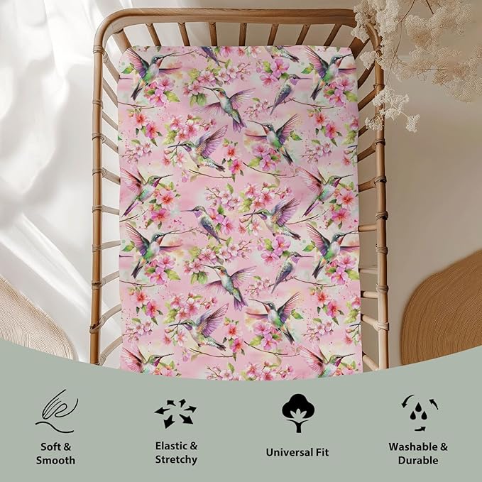 Hummingbird Pink Floral Baby Crib Sheets for Boy Girl 52x28Inch Spring Birds Blossoms Soft Stretchy Fitted Crib Mattress Cover Forest Animals Nursery Baby Sheet for Standard Crib & Toddler Mattress