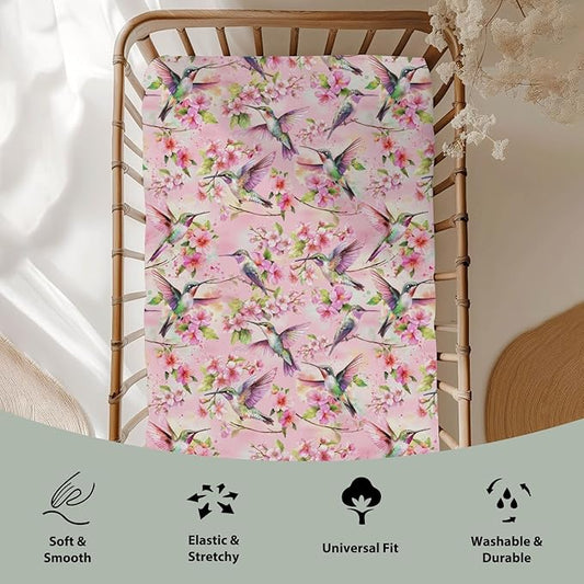 Hummingbird Pink Floral Baby Crib Sheets for Boy Girl 52x28Inch Spring Birds Blossoms Soft Stretchy Fitted Crib Mattress Cover Forest Animals Nursery Baby Sheet for Standard Crib & Toddler Mattress
