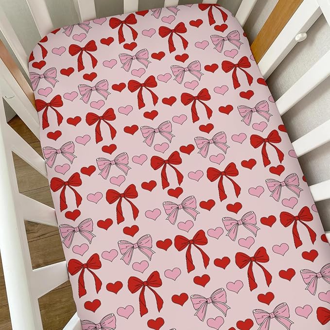Ribbon Bows Heart Baby Crib Sheets for Boys Girls Pink Red Bows Ribbon Soft Stretchy Fitted Crib Mattress Covers for 52''x28'' Standard Crib & Toddler Mattress Baby's First Valentine's Love Bed Sheets