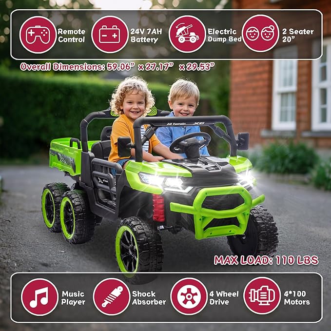 24V 2 Seater 4WD 6x6 Ride On Dump Truck with Remote Control, Ride on Toys for Big Kids with 20inch Seat, 3 Speeds, 4X100 Motors, Music, Ride on Truck for Toddler Boys Girls, Green