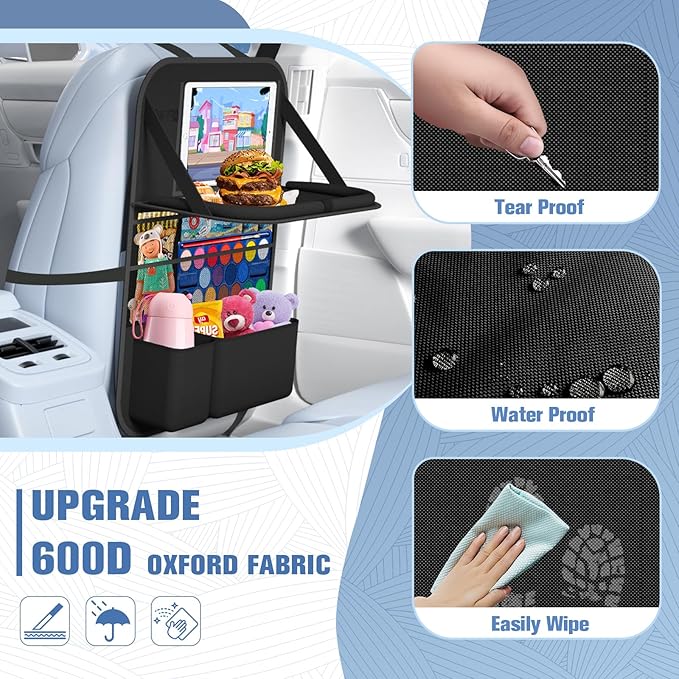 Oneyus Car Backseat Organizer with table Tray, 9 Storage Pockets Backseat Car Organizer with Tablet Holder, Back seat Organizer for Kids Road Trip Essentials Travel (1Pack)