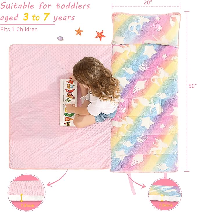 Toddler Nap Mat with Pillow and Blanket, Extra Large Rolled Napping Mats,Slumber Bags for Boys Girls,Kids Sleeping Bag for Daycare, Preschool Travel Camping