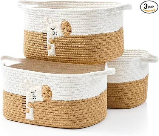 BUBUSUN Storage Bins Woven Baskets for Storage Set of 3, Cotton Rope Basket with Handles for Toys/Shelves/Laundry, Rectangle Multi-Purpose Organizer for Living Room, Bedroom, Nursery (Giraffe)