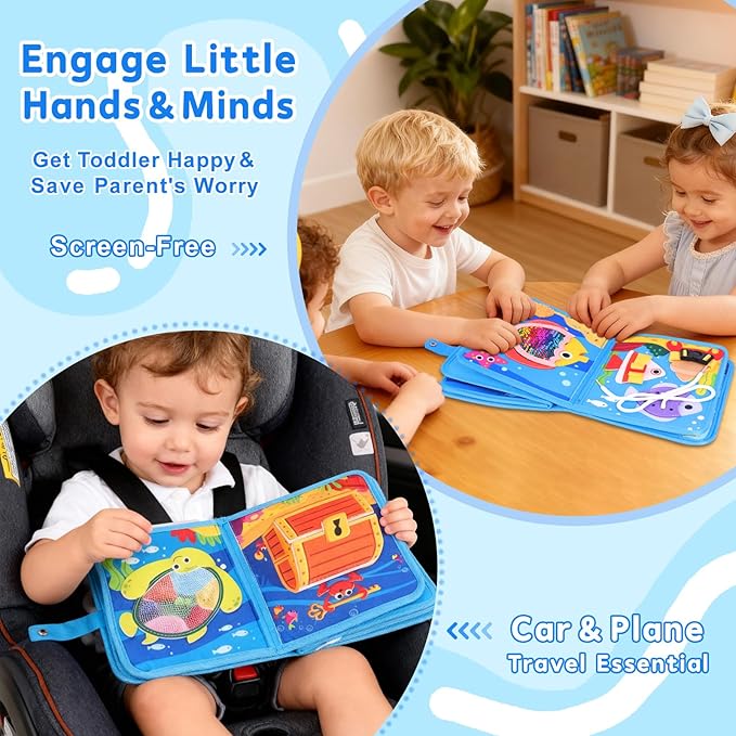 Ocean Busy Book for Toddlers 1-3, Montessori Busy Board Educational Learning Toys for 1 2 3 Years Old Boy Girl Birthday Gifts,Toddler Toy Airplane Travel Essential Sea Animals Activity Books