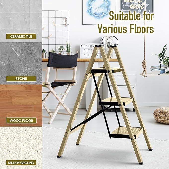 Mayi Plus 3 Step Ladder,Aluminum Folding Step Stool for Adults,Step Ladder with Wide Anti-Slip Pedal,330 lbs Capacity for Home,Office,Kitchen,Library(Gold)