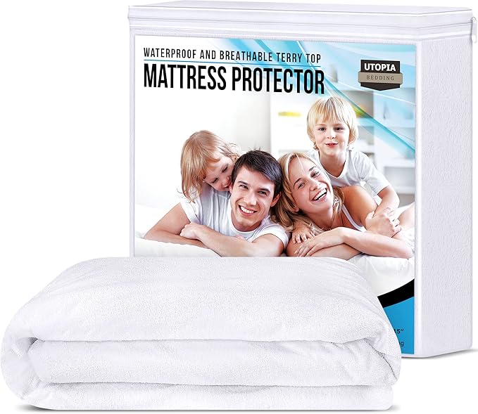 Utopia Bedding Waterproof Mattress Protector Queen Size, Premium 200 GSM Terry Mattress Cover, Soft & Breathable Bed Cover, Fitted Sheet Style with Stretchable Deep Pockets 17" (White)