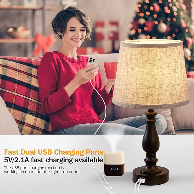 EJIAXIN Table Lamps Set of 2, Bedside Nightstand Lamps with USB Charging Ports,Dimmable Touch with Linen Fabric Lampshade, Modern Small Lamp for Bedrooms, Living Room (Bulbs Included)