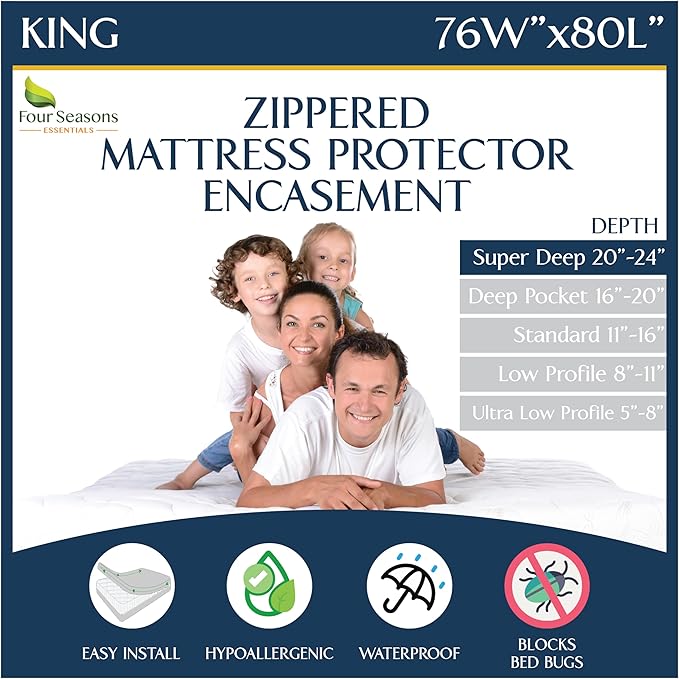 Super Deep Pocket Mattress Encasement - King - Zippered Bedbug Waterproof Protector for Very Deep Mattresses 20-24 inch Depth