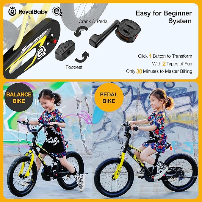 RoyalBaby Kids Bike Freestyle Classic & EZ Balance Pedal Switchable Bicycle, 12 14 16 18 Inch, 3-10 Years Toddler to Big Kids