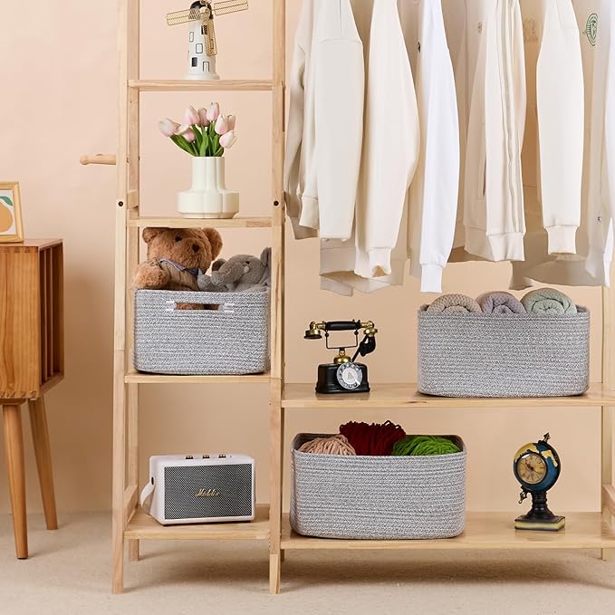 MiniArk Large Storage Baskets for Organizing, Closet Shelf Baskets for Clothes Blanket Towels, Baby Nursery, Toy Bins Box, Woven Rope Baskets, 17 x 13 x 7.5”, 4 Packs Mixed Grey