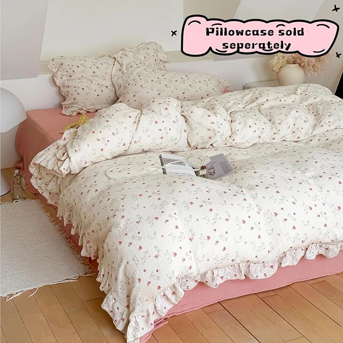 BuLuTu Rabbit Floral Duvet Cover Queen, Soft Lightweight Muslin Cotton Comforter Cover 90"x90", Teens Girls Ruffles Bedding Queen Quilt Covers,Zipper Closure, 4 Ties, No Pillow, Machine Wash
