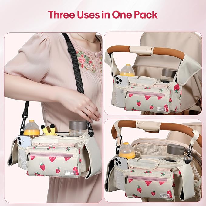Universal Stroller Organizer with Insulated Cup Holders and Detachable Phone Bag,Stroller Caddy Fits for Stroller Accessories like Uppababy, Baby Jogger, Doona, Nuna Stroller (strawberry)