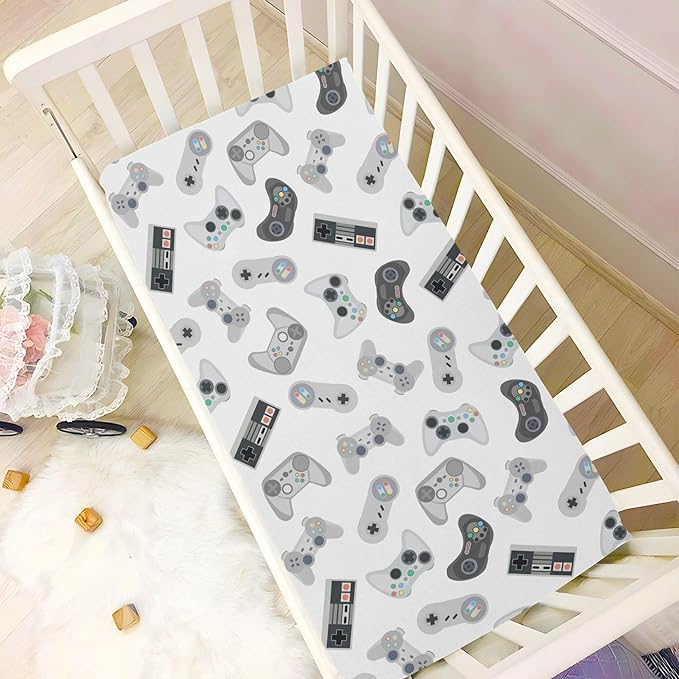 Retro Joysticks Video Game Crib Sheets Soft Breathable Fitted Baby Crib Sheets Mattress Cover for Girl Boys, 52" x 28" x 9"