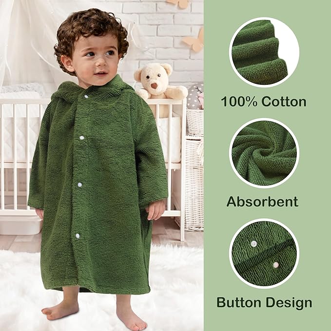 VOOVA & MOVAS Hooded Bath Towel for Toddler 0-3Years | 100% Cotton,Low Lint, Ultra-Soft & Absorbent | Gentle for Sensitive Skin, Thick Bathroom, Pool & Beach Towel,Olive Green