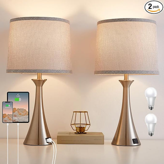 Hikczc Touch Lamp for Living Room Bedroom, 21" Table Lamps Set of 2 with USB C+A Ports and Grey Lamp Shades, Touch Bedside Lamps for Nightstand with 3 Way Dimmable, 2 LED Bulbs Included, Silver