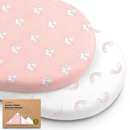 2-Pack Organic Bassinet Sheets for Girls, Boys - 100% Cotton Bassinet Mattress Sheets Compatible with Halo Bassinest Swivel Sleeper, Graco,Baby Delight,Chicco,Unisex Fitted Bassinet Sheets (Dreamland)