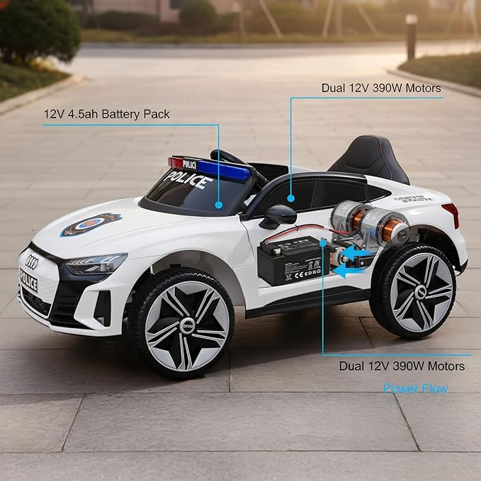 12V Kids Police Ride On Car with Remote Control, Flashing Lights, Siren & Megaphone, Bluetooth Music, Rocking Mode, Leather Seat, 3 Speeds, Battery Powered Electric Vehicle for Boys & Girls
