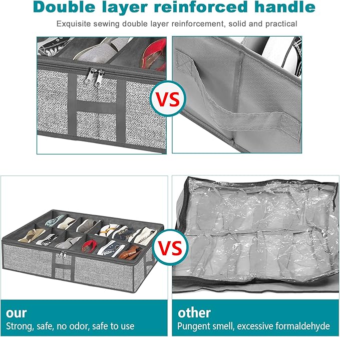 Meerainy Under Bed Shoe Storage Organizer for Closet 2 Pack- Fits 24 Pairs Underbed Shoes Rack Container Boxes with H Shap Sturdy Handles and Clear Window,Foldable Shoe Rack Holder,Grey