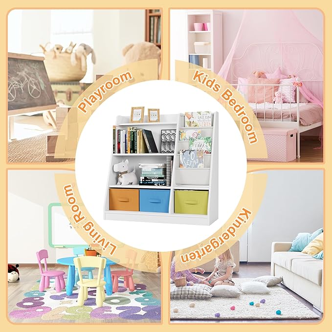 HedoAjim Kids Bookshelf Wood Montessori Toy Storage Organizer Cabinet Shelf Child Bookcase Toddler Baby Sling Book Rack 3 Cube Bin Fabric Drawers for Playroom Bedroom Nursery School