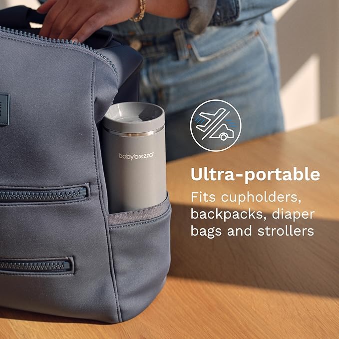 Baby Brezza Portable Warmer – 3X Faster Baby Bottle Warming - Travel Breastmilk and Formula Warmer - Safe, Even Heating - Up to 9oz - No Adapters, Grey