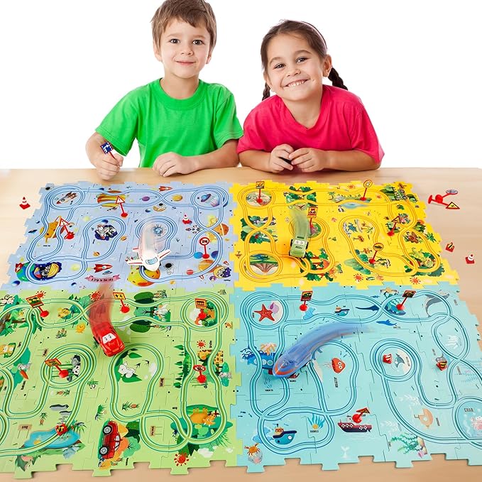 Puzzle Racer Kids Car Track Set, Kids Toys Boys 3-5, Toys for 3 4 5 6 Year Old Boys, Toys for Ages 3-4, Montessori Toys for 3+ Year Old, Fat Brain Toys(100Pcs, 4 Themes)