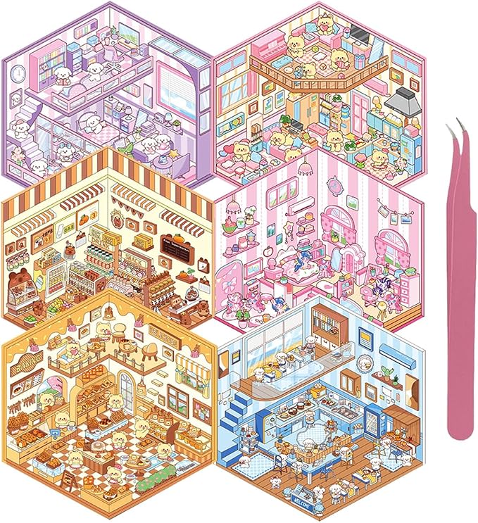 DIY 3D Sticker Scene, 6 Sets of Cute Miniature Isometric Stickers for Kids Adult Therapy Scenes Sticker Reuseable and Waterproof Stickers for Girl, Holiday & Christmas Fun